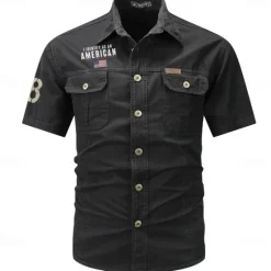 New OUKU Men's Flag American US Flag Letter Printed Work Shirt Western Shirt Cargo Shirt Short Sleeve Casual Tactical Going out Summer Turndown Buttons Print Black Army Green Dark Blue Gray