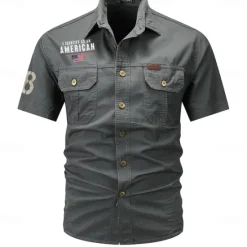 New OUKU Men's Flag American US Flag Letter Printed Work Shirt Western Shirt Cargo Shirt Short Sleeve Casual Tactical Going out Summer Turndown Buttons Print Black Army Green Dark Blue Gray