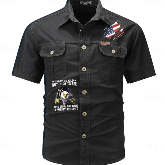 New OUKU Men's Flag American US Flag Letter Printed Work Shirt Western Shirt Cargo Shirt Short Sleeve Western Style Tactical Fashion Casual Going out Summer Turndown Buttons Print Black Army Green Khaki Dark