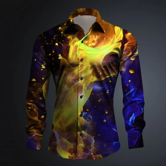 Discount OUKU Men's Flame Button Up Shirt Printed Shirts Long Sleeve Subcultural Vacation Street Spring & Summer Turndown Print Button-Down Yellow Red