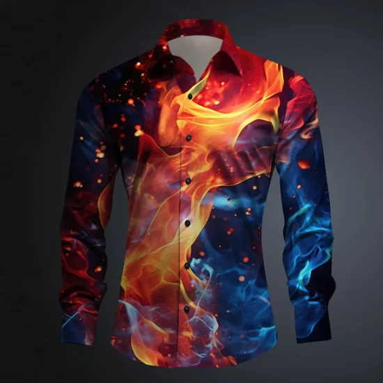 Discount OUKU Men's Flame Button Up Shirt Printed Shirts Long Sleeve Subcultural Vacation Street Spring & Summer Turndown Print Button-Down Yellow Red