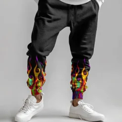 Outlet OUKU Men's Flame Sweatpants Joggers Pants Trousers Mid Waist Drawstring Elastic Waist Fashion Street Dailywear Pocket Spring Fall Winter 3D Print Black