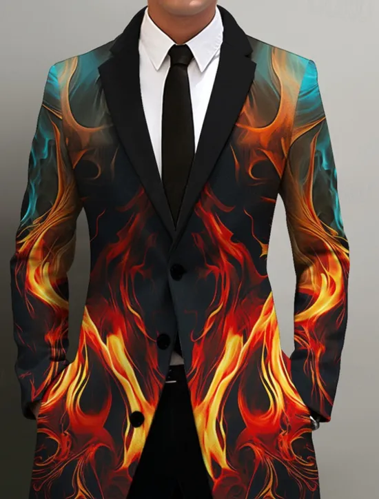 Online OUKU Men's Flame Winter Coat Overcoat Coat Warm Breathable Comfortable Business Abstract Work Wear to work Going out Pocket Print Fall & Winter Turndown Long Sleeve Blue Orange Green