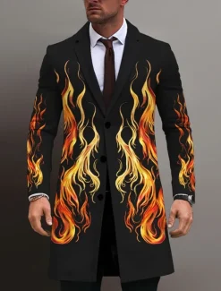 OUKU Men's Flame Winter Coat Overcoat Coat Warm Breathable Comfortable Business Abstract Work Wear to work Going out Pocket Print Fall & Winter Turndown Long Sleeve Yellow Purple