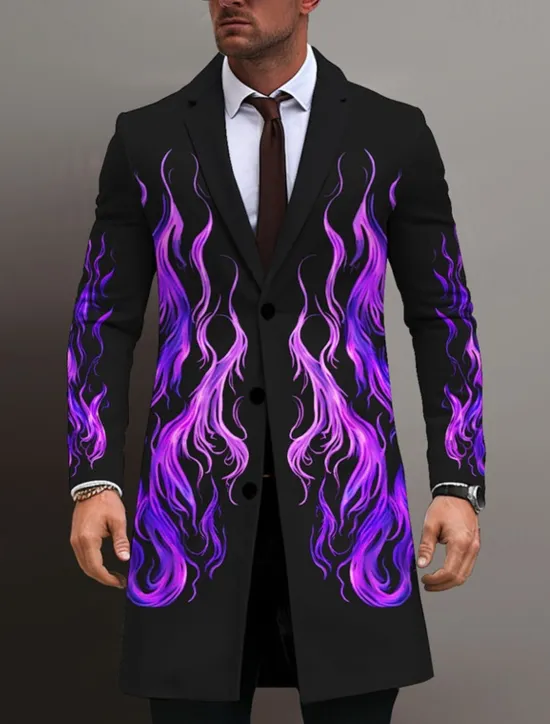 OUKU Men's Flame Winter Coat Overcoat Coat Warm Breathable Comfortable Business Abstract Work Wear to work Going out Pocket Print Fall & Winter Turndown Long Sleeve Yellow Purple