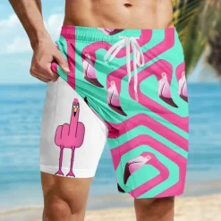 OUKU Men's Flamingo Bird Funny Lined Shorts 2 in 1 Board Shorts Swim Shorts Mid Waist Hawaiian Vacation Holiday Beach Wear Side Pockets With Compression Liner Elastic Drawstring Waist Designer Clothing