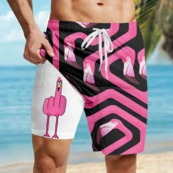 OUKU Men's Flamingo Bird Funny Lined Shorts 2 in 1 Board Shorts Swim Shorts Mid Waist Hawaiian Vacation Holiday Beach Wear Side Pockets With Compression Liner Elastic Drawstring Waist Designer Clothing