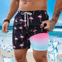Clearance OUKU Men's Flamingo Bird Lined Shorts Swim Shorts Board Shorts Mid Waist Hawaiian Vacation Holiday Beach Wear Side Pockets With Compression Liner Elastic Drawstring Waist Designer Clothing Apparel