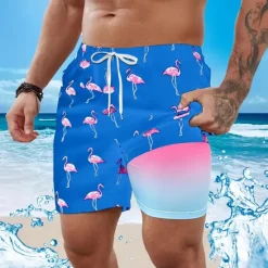 Clearance OUKU Men's Flamingo Bird Lined Shorts Swim Shorts Board Shorts Mid Waist Hawaiian Vacation Holiday Beach Wear Side Pockets With Compression Liner Elastic Drawstring Waist Designer Clothing Apparel