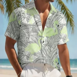 OUKU Men's Flamingo Bird Palm Leaf Shirt Summer Hawaiian Shirt Button Up Shirt Short Sleeve Hawaiian Resort Vacation Holiday Beach Wear Summer Spring Turndown 3D Print Collared Shirts Pink Blue Green