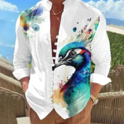 Clearance OUKU Men's Flamingo Bird Peacock Shirt Linen Shirt Summer Hawaiian Shirt Long Sleeve Casual Vacation Holiday Beach Wear Summer Spring Standing Collar 3D Print Button-Down Pink Blue