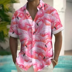 Sale OUKU Men's Flamingo Bird Shirt Summer Hawaiian Shirt Button Up Shirt Short Sleeve Hawaiian Vacation Holiday Beach Wear Summer Spring Turndown 3D Print Collared Shirts Front One Pocket Pink