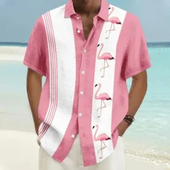 Best OUKU Men's Flamingo Casual Shirt Button Up Shirt Aloha Shirt Short Sleeve Hawaiian Resort Vacation Casual Summer Spring Turndown Button Up Pink Blue Green