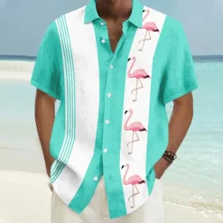 Best OUKU Men's Flamingo Casual Shirt Button Up Shirt Aloha Shirt Short Sleeve Hawaiian Resort Vacation Casual Summer Spring Turndown Button Up Pink Blue Green