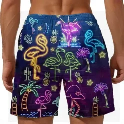 Online OUKU Men's Flamingo 3D Print Neon Swim Shorts Board Shorts Swimming Trunks Mid Waist Fashion Streetwear Designer Casual Daily Holiday Pocket Drawstring Elastic Waist Designer Clothing Apparel 1