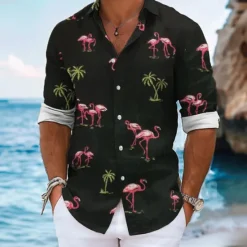Hot OUKU Men's Flamingo Summer Hawaiian Shirt Aloha Shirt Long Sleeve Hawaiian Beach Vacation Summer Spring Turndown Button Up Black