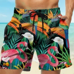 Sale OUKU Men's Flamingo Tropical Flowers Swim Trunks Swim Shorts Board Shorts Mid Waist Streetwear Hawaiian Casual Daily Holiday Pocket Drawstring Elastic Waist Designer Clothing Apparel