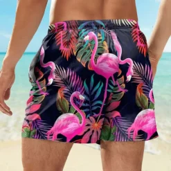 Sale OUKU Men's Flamingo Tropical Flowers Swim Trunks Swim Shorts Board Shorts Mid Waist Streetwear Hawaiian Casual Daily Holiday Pocket Drawstring Elastic Waist Designer Clothing Apparel