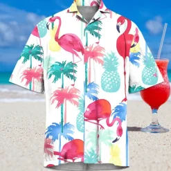 Outlet OUKU Men's Flamingo Tropical Summer Hawaiian Shirt Aloha Shirt Short Sleeves Shirt Turndown Hawaiian Resort Outdoor Vacation Street White Pink Blue S M L