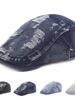 OUKU Men's Flat Cap Black Blue Denim Ripped Fashion Streetwear Stylish 1920s Fashion Outdoor Daily Going out Plain Warm