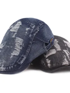 OUKU Men's Flat Cap Black Blue Denim Ripped Fashion Streetwear Stylish 1920s Fashion Outdoor Daily Going out Plain Warm