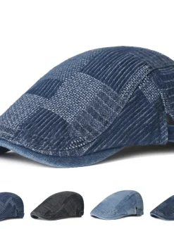Best OUKU Men's Flat Cap Black Blue Denim Streetwear Stylish 1920s Fashion Outdoor Daily Going out Lattice Warm