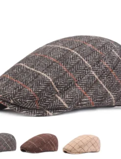 Online OUKU Men's Flat Cap Tweed Cap Brown Beige Cotton Streetwear Stylish 1920s Fashion Outdoor Daily Going out Stripe Warm