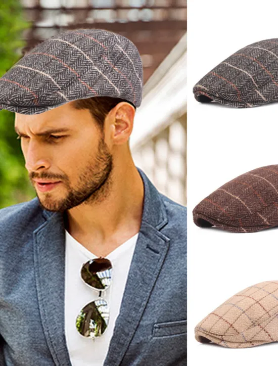 Online OUKU Men's Flat Cap Tweed Cap Brown Beige Cotton Streetwear Stylish 1920s Fashion Outdoor Daily Going out Stripe Warm