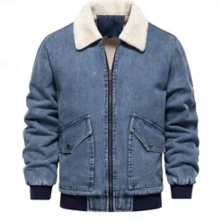 Outlet OUKU Men's Fleece Jacket Jean Jacket Denim Jacket Casual Daily Fall & Winter Color Block Casual Lapel Regular Dark Gray Dark Blue Light Blue Jacket