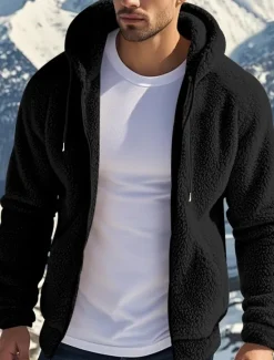 Best OUKU Men's Fleece Jacket Teddy Coat Hoodie Jacket Daily Vacation Thermal Warm Pocket Fleece Fall & Winter Plain Fashion Streetwear Hooded Regular Black Navy Blue Khaki Gray Jacket