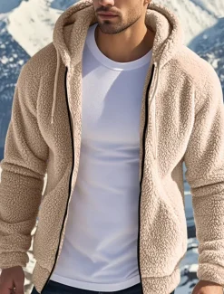 Best OUKU Men's Fleece Jacket Teddy Coat Hoodie Jacket Daily Vacation Thermal Warm Pocket Fleece Fall & Winter Plain Fashion Streetwear Hooded Regular Black Navy Blue Khaki Gray Jacket