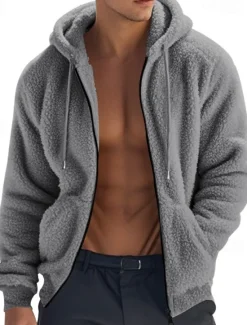 Best OUKU Men's Fleece Jacket Teddy Coat Hoodie Jacket Daily Vacation Thermal Warm Pocket Fleece Fall & Winter Plain Fashion Streetwear Hooded Regular Black Navy Blue Khaki Gray Jacket