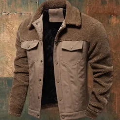 Outlet OUKU Men's Fleece Jacket Work Jacket Outdoor New Year Thermal Warm Patchwork Pocket Winter Spring & Fall Cross-Seasons Patchwork Fashion Streetwear Turndown Navy Blue Khaki Army Green Jacket