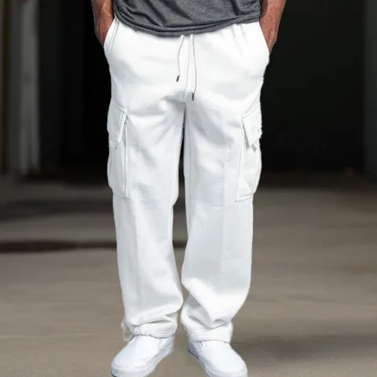 OUKU Men's Fleece Pants Sweatpants Joggers Trousers Cargo Sweatpants Drawstring Elastic Waist Multi Pocket Plain Comfort Breathable Casual Daily Holiday Sports Fashion Black White