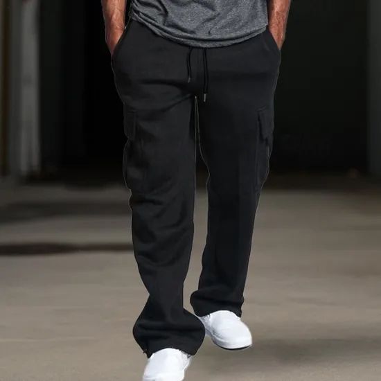 OUKU Men's Fleece Pants Sweatpants Joggers Trousers Cargo Sweatpants Drawstring Elastic Waist Multi Pocket Plain Comfort Breathable Casual Daily Holiday Sports Fashion Black White