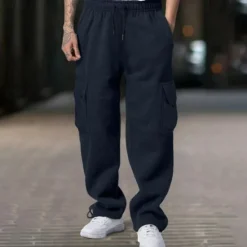 Clearance OUKU Men's Fleece Pants Sweatpants Joggers Trousers Cargo Sweatpants Drawstring Elastic Waist Multi Pocket Plain Comfort Warm Full Length Outdoor Casual Daily Sports Fashion Black White