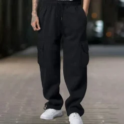 Clearance OUKU Men's Fleece Pants Sweatpants Joggers Trousers Cargo Sweatpants Drawstring Elastic Waist Multi Pocket Plain Comfort Warm Full Length Outdoor Casual Daily Sports Fashion Black White