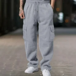 Clearance OUKU Men's Fleece Pants Sweatpants Joggers Trousers Cargo Sweatpants Drawstring Elastic Waist Multi Pocket Plain Comfort Warm Full Length Outdoor Casual Daily Sports Fashion Black White
