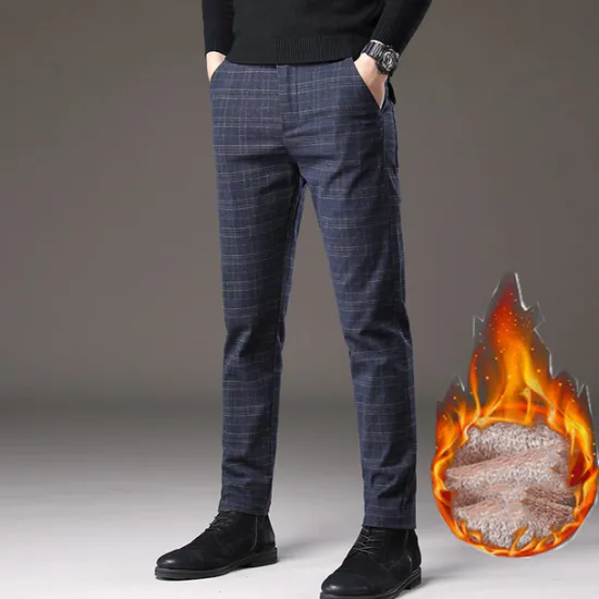 Best OUKU Men's Fleece Pants Winter Pants Trousers Chinos Plaid Dress Pants Pocket Elastic Waist Plaid Comfort Breathable Daily Holiday Going out Streetwear Classic Style Black Blue Micro-elastic