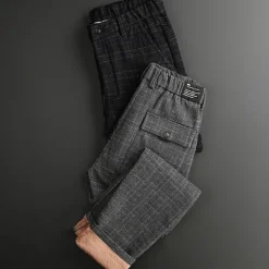 Best OUKU Men's Fleece Pants Winter Pants Trousers Chinos Plaid Dress Pants Pocket Elastic Waist Plaid Comfort Breathable Daily Holiday Going out Streetwear Classic Style Black Blue Micro-elastic