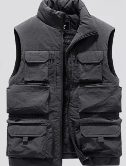 Sale OUKU Men's Fleece Vest Outdoor Vest Fishing Vest Daily Date Vacation Fashion Casual Fall & Winter Pocket Polyester Warm Comfortable Solid Color Zipper Stand Collar Regular Fit Black Khaki Gray Vest