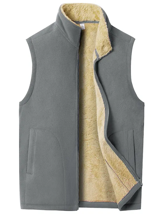 Discount OUKU Men's Fleece Vest Teddy Coat Vest Polar Fleece Gilet Outdoor Going out Streetwear Casual Fall Winter Pocket Quilted Polyester Windproof Warm Solid Color Zipper Stand Collar Regular Fit Black Gray Vest