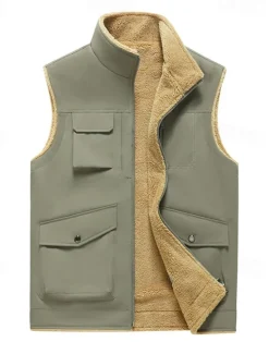 Hot OUKU Men's Fleece Vest Vest Gilet Daily Date Vacation Fashion Casual Fall & Winter Pocket Polyester Thermal Warm Comfortable Plain Zipper Stand Collar Regular Fit Black Yellow Khaki Dark Gray Vest
