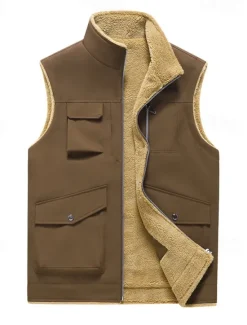 Hot OUKU Men's Fleece Vest Vest Gilet Daily Date Vacation Fashion Casual Fall & Winter Pocket Polyester Thermal Warm Comfortable Plain Zipper Stand Collar Regular Fit Black Yellow Khaki Dark Gray Vest