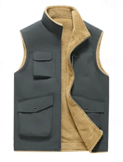 Hot OUKU Men's Fleece Vest Vest Gilet Daily Date Vacation Fashion Casual Fall & Winter Pocket Polyester Thermal Warm Comfortable Plain Zipper Stand Collar Regular Fit Black Yellow Khaki Dark Gray Vest
