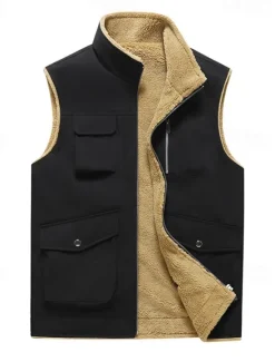 Hot OUKU Men's Fleece Vest Vest Gilet Daily Date Vacation Fashion Casual Fall & Winter Pocket Polyester Thermal Warm Comfortable Plain Zipper Stand Collar Regular Fit Black Yellow Khaki Dark Gray Vest