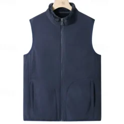 Sale OUKU Men's Fleece Vest Vest Polar Fleece Gilet Daily Date Vacation Fashion Casual Fall & Winter Pocket Polyester Thermal Warm Comfortable Plain Zipper Stand Collar Regular Fit Black Dark Blue Dark Gray