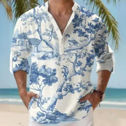 Discount OUKU Men's Floral Botanical Summer Hawaiian Shirt Aloha Shirt Long Sleeve Hawaiian Resort Vacation Casual Summer Spring V Neck Buttons Blue
