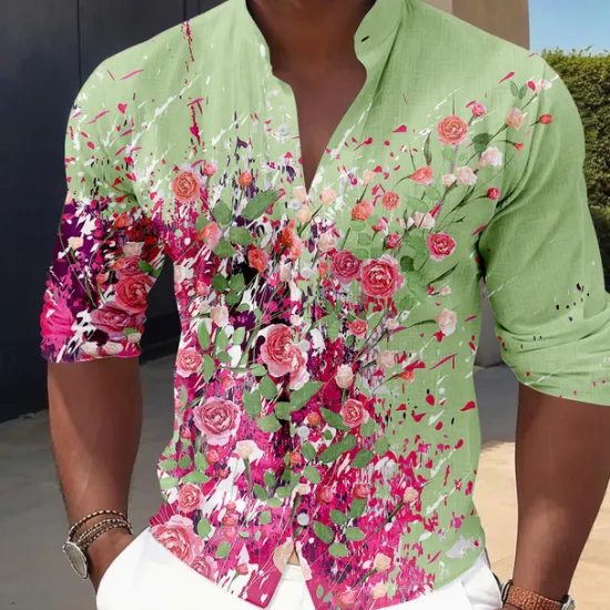 Discount OUKU Men's Floral Button Up Shirt Long Sleeve Casual Vacation Daily Summer Spring & Fall Band Collar grandad collar 3D Print White Pink Blue Sage