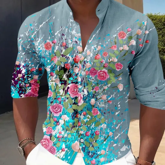 Discount OUKU Men's Floral Button Up Shirt Long Sleeve Casual Vacation Daily Summer Spring & Fall Band Collar grandad collar 3D Print White Pink Blue Sage